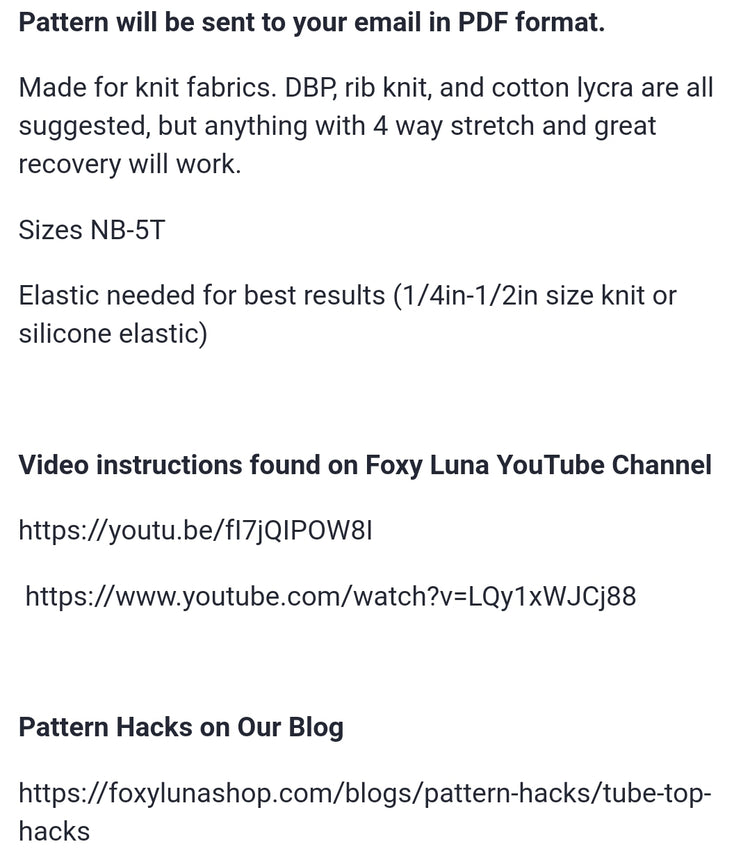 Tube Top Digital Sewing Pattern (Sizes NB-5T) Video Instructions Only